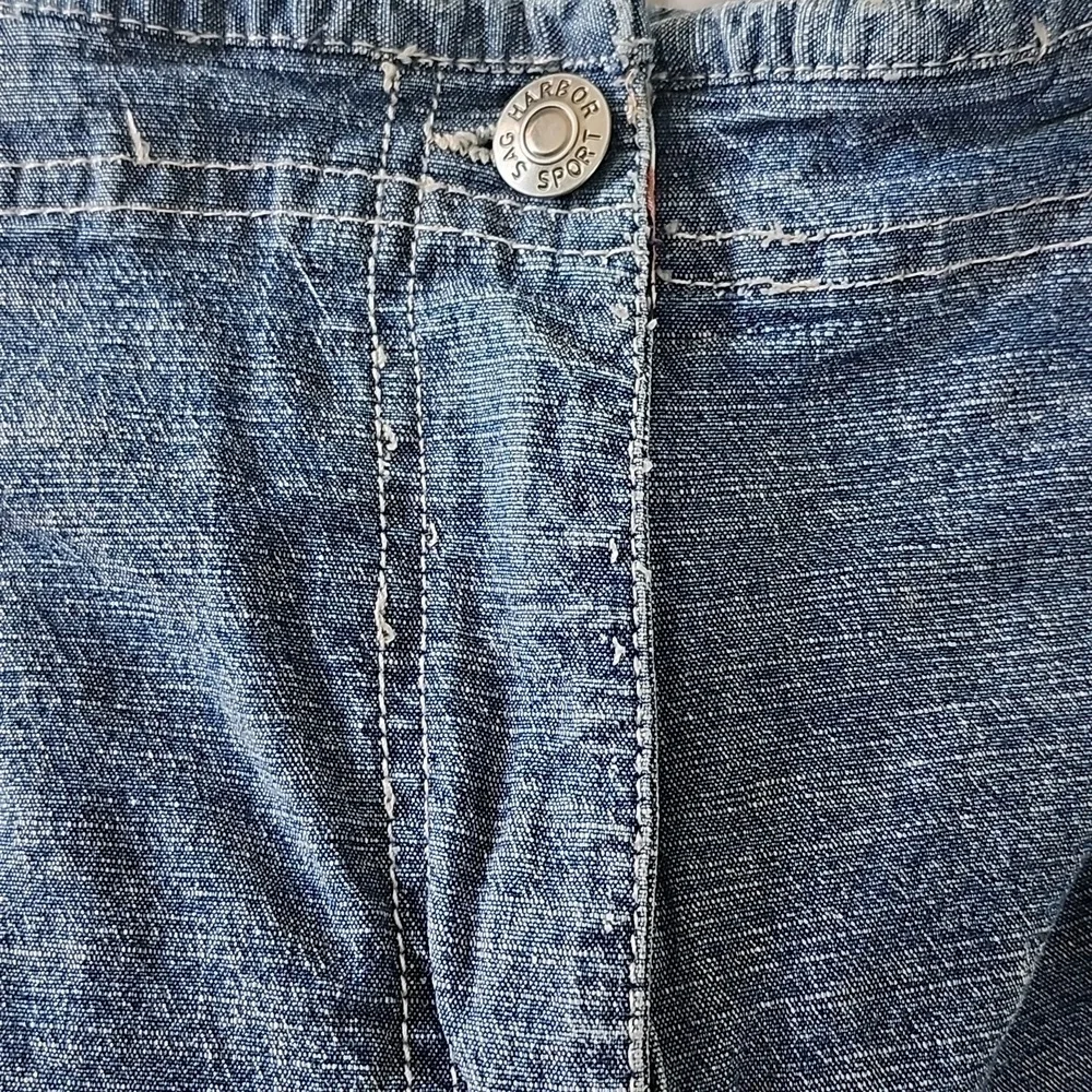 Sag Harbor medium wash denim midi skirt front slit zipper button closure size 14